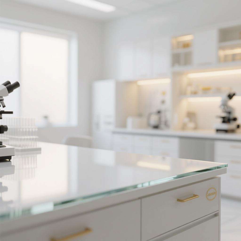 Modern research laboratory with white workbenches